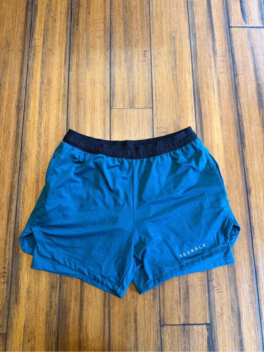 YoungLA 2-in-1 Lined Performance Running Shorts Teal Black Size Medium Men’s